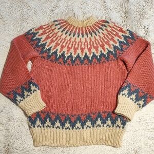 🏔️ Vintage Stobi 100% Wool Pink Cream Blue Fair Isle Sweater Made In Denmark XS
